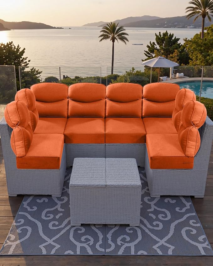 Luxury 24x24x6 Outdoor Corner Cushion 1 Set - Water-Repellent 3-Piece Cushion Set with Zipper for Outside Rattan Wicker Sofa Loveseat Chair Sectional Patio Conversation Sets - Orange/Smile