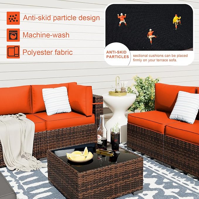 Patio Sectional Cushions, 14-Piece Replacement Cushions for Outdoor Furniture, Water-Resistant Outdoor Sofa Cushion for 6-Seat Rattan Wicker Sectional Conversation Sets (Orange)