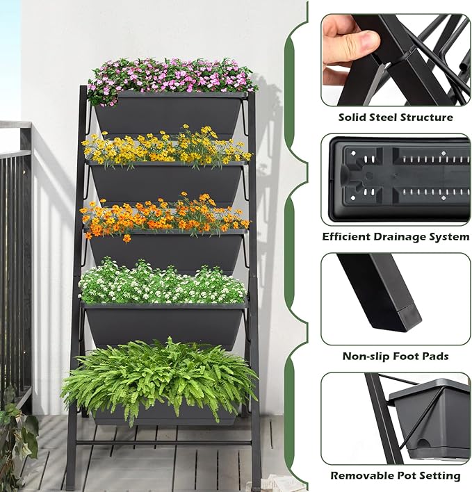 S AFSTAR 5-Tier Vertical Garden Planter, 5-Layer Raised Garden Bed with 5 Detachable Planter Boxes & Metal Frame, Indoor Outdoor Elevated Planting Containers for Flower Vegetables Fruit Herbs