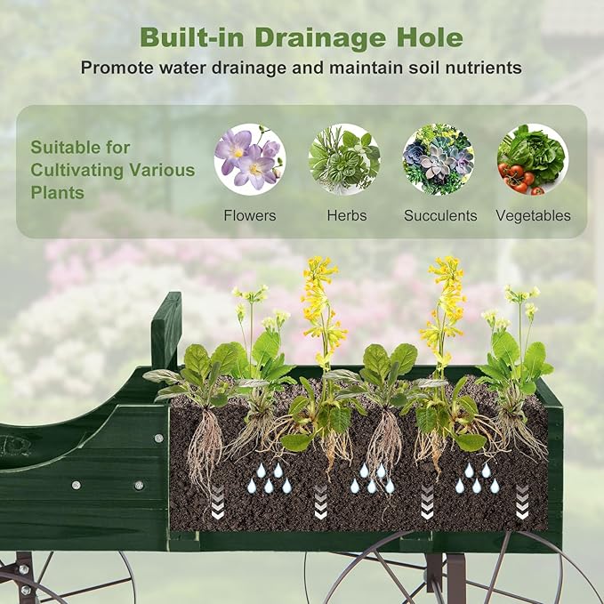 HAPPYGRILL Wooden Wagon Planter, 24.5” x 13.5” x 24” Decorative Garden Planter w/ 2 Planting Sections, Wheels, Handle, Small Decorated Cart, Flower Planter Box for Indoor Outdoor Patio (Green)