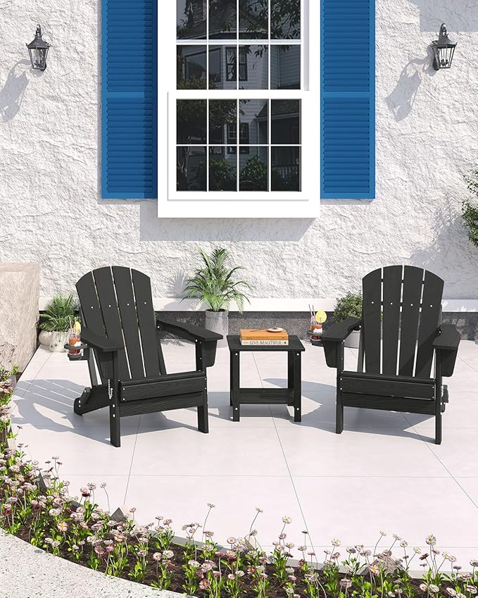 Folding Adirondack Chair, All-Weather HDPE Outdoor Chair, Wooden Textured with Cup Holder for patios, Decks, Gardens, fire pits, Black