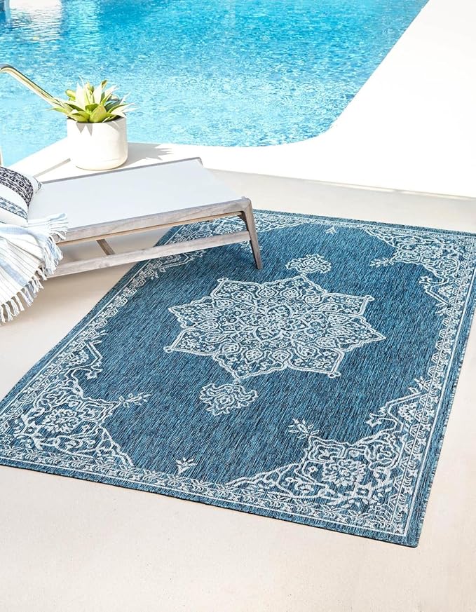 Unique Loom Outdoor Traditional Collection Area Rug - Antique (3' 1" x 5' 1" Rectangle Teal/Ivory)