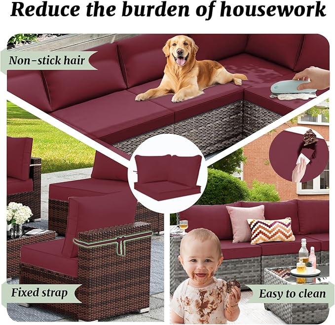 Outdoor Sectional Cushions Replacement Set, 26x26in Patio Furniture Cushions, 14 Pieces Waterproof Outdoor Couch Cushion for 6 Seat Wicker Conversation (Burgundy)