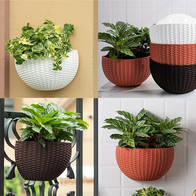 Wall Planter 2PCS Wall Hanging Planter Half Round Fence Planters with Drainage and Hooks Wall Mounted Planters for Balcony Garden Railing Coffee
