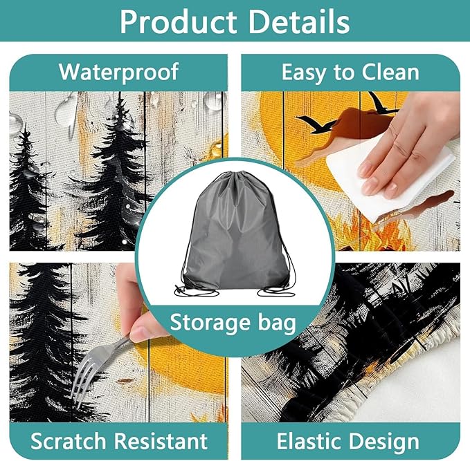 3PCS Picnic Table Cover with Bench Cover Forest Sunset Silhouette Wooden Patten Camping Tablecloth Fitted Picnic Table Cover with Elastic Windproof Waterproof Outdoor & Garden Camping Accessories 96IN