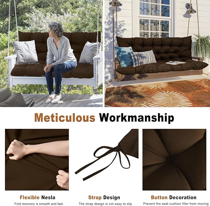 2-3 Seat Swing Replacement Cushion, Outdoor Bench Cushions with Backrest Thicken 4", Patio Furniture Garden Porch Loveseat Glider Pad Anti-Fading Waterproof (Brown, 40x40in)