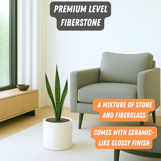 Fox & Fern 8 Inch Plant Pot with Drainage Plug — Premium Lightweight Fiberstone Glossy White Planter - Indoor & Outdoor Planter - 8 Inch Pots for Plants - Weather Resistant & UV Resistant