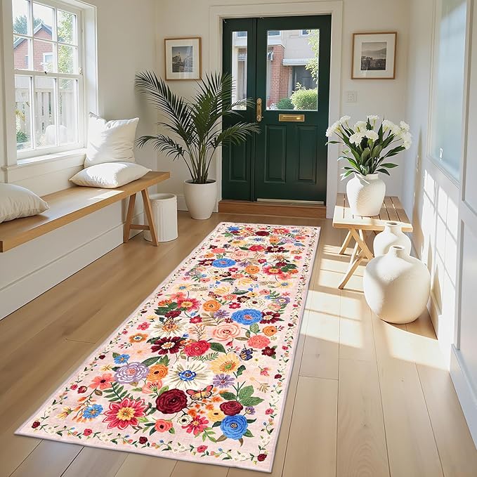 Pink/Beige Rug for Hallways Kitchen Rug 2x8, Non Slip Washable Rugs with Rubber Backing Soft Floral Carpet Runner for Hallways, Kitchen, Laundry, Bedroom, Bathroom (2 x 8, Beige/Pink Garden)