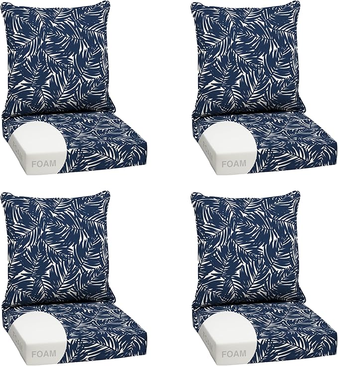 Arden earthFIBER Outdoor Foam Deep Seat Cushion (4-Pack), 24x24, Premium High-Density Foam, Never Flattens, Weather-Proof for Patio Chair Sofa Couch, Navy Blue King Palm