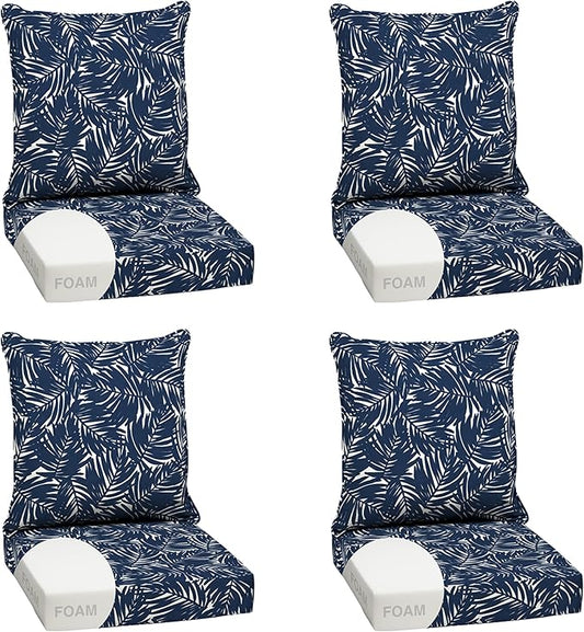 Arden earthFIBER Outdoor Foam Deep Seat Cushion (4-Pack), 24x24, Premium High-Density Foam, Never Flattens, Weather-Proof for Patio Chair Sofa Couch, Navy Blue King Palm