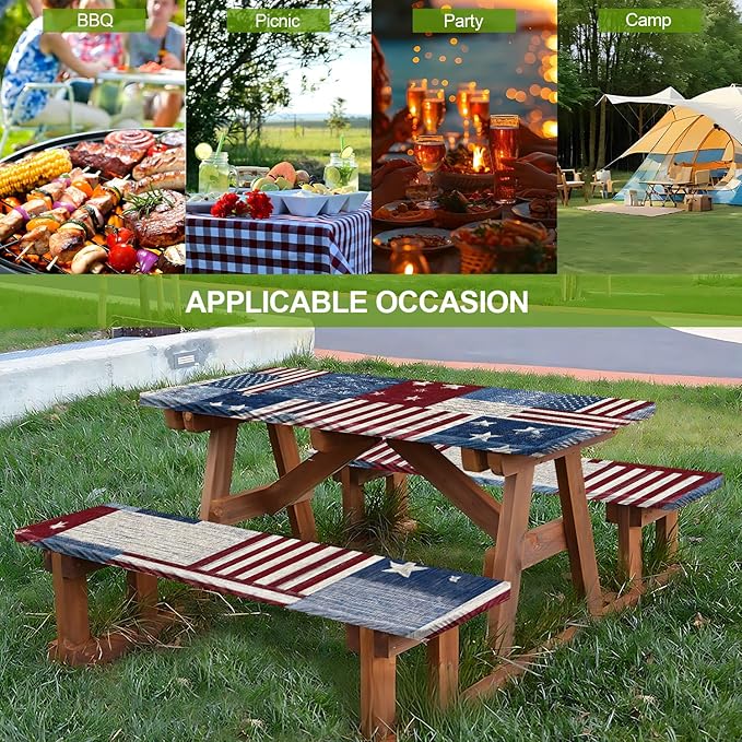 Patriotic Picnic Table Cover with Bench Covers Set of 3 - American Flag Patchwork Pattern, Elastic Fitted Tablecloth for 6 Ft Tables, Washable Polyester Cover for 4th of July, Camping & Outdoor