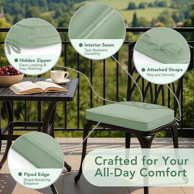 Outdoor Chair Cushions Set of 4: Waterproof & Fade Resistant Patio Furniture Cushions - 17 x 16 x 2 Inch Non Slip Round Corner Seat Cushion Pads with Removable Cover for Garden Yard Lawn, Sage Green
