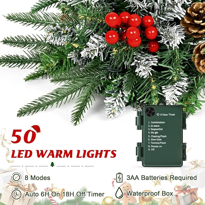 2 Pack Christmas Urn Filler, 24" Prelit Planter Bushes Outdoor Christmas Tree with 50 LED Lights, Pine Cones, Red Berries & Christmas Balls for Front Porch Pathway Yard Decorations