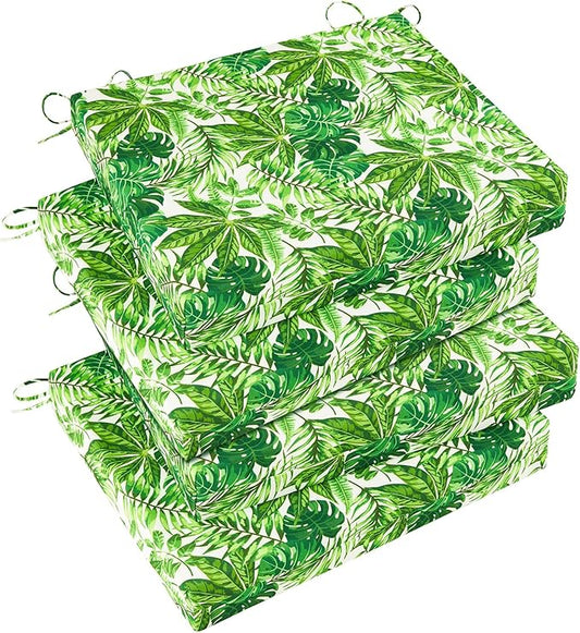 Basic Beyond Outdoor Chair Cushions Set of 4, Square Corner Outdoor Cushions for Patio Furniture, Water Resistant Patio Chair Cushions with 2 Ties, 18.5x16x3, Green Leaves