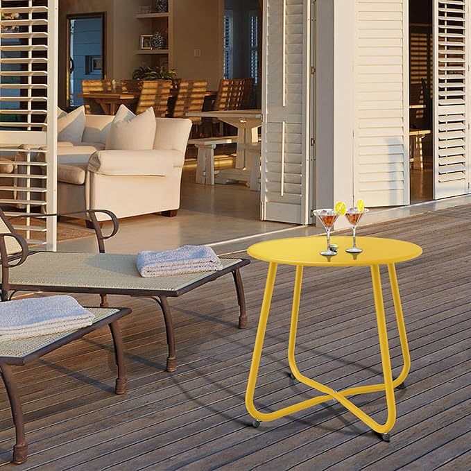 Patio Side Table Waterproof Round Metal Steel Weather Resistant Portable Outdoor and Indoor End Table for Garden Balcony Yard, Lemon Yellow