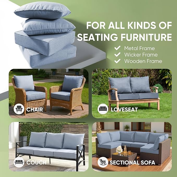 Outdoor Chair Cushions, 6 inch Thick Seat Cushion for Outdoor Furniture, Waterproof 22x24 Patio Furniture Cushions, Patio Couch Cushions Replacement, Include 2 Back & 2 Seat Cushion, Thick/BabyBlue