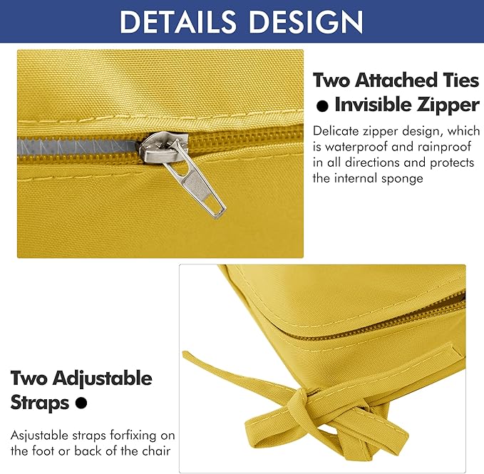 Outdoor Chair Cushions 16 x 17 Inch Water Resistant Patio Chair Cushions with Tie Color Fastness Thick Outdoor Seat Cushion for Garden Lawn Patio Furniture Yellow Set of 2