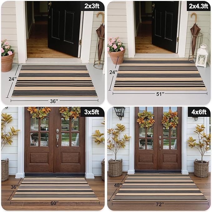 OJIA Outdoor Rug 3'x5', Black and Tan Area Rug Machine Washable Rugs Cotton Hand Woven Entry Rug Indoor Outdoor Striped Carpet for Front Porch/Deck/Backyard/Camping/Outdoor Decor