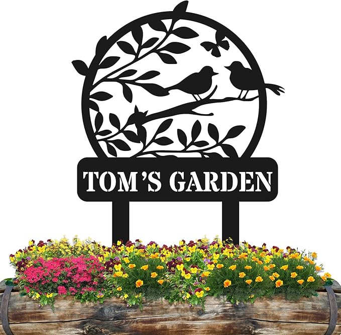 Personalized Metal Garden Sign, Custom Tree Decor with Stake, Birds Metal Yard Art, Garden Name Sign,Outdoor Decor,Patio Decoration,Home Present,Gardeners & Planters Gift