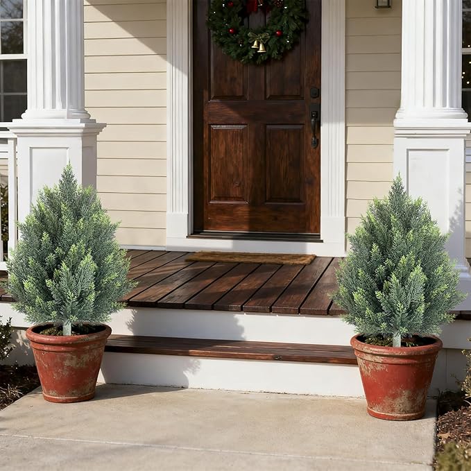 28inch Artificial Topiary Tree Set of 4 Beautiful Realistic Faux Cedar Pines Christmas Trees UV Rated Fake Shrubs for Front Porch Faux Plants Indoor and Outdoor Decor