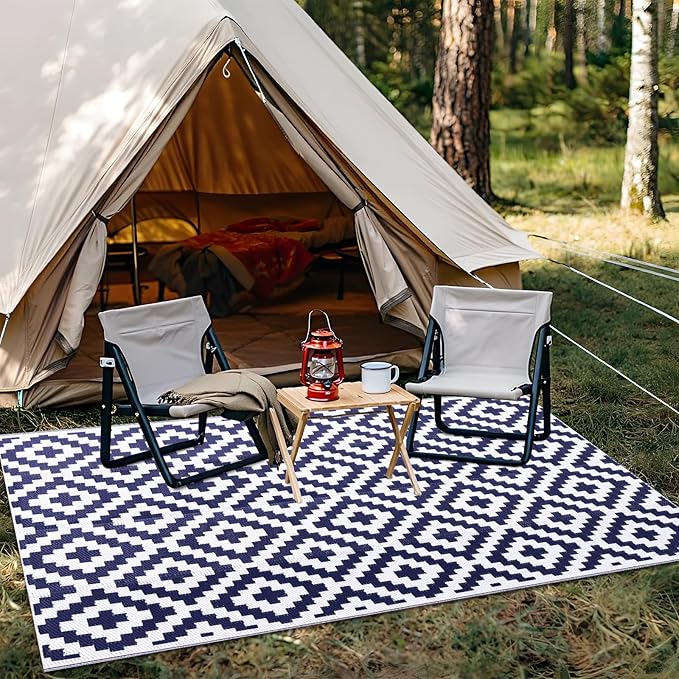 OLANLY Waterproof Outdoor Rug 5x8 ft, Outdoor Plastic Straw Rug for Camping, RV Mat Outside, Indoor Outdoor Carpet for Porch, Deck, Backyard, Balcony, Picnic, Navy & White