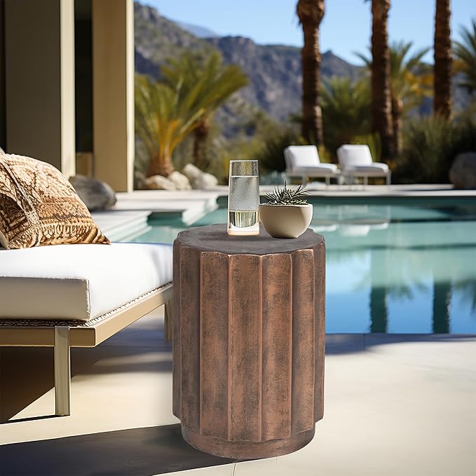 LuxenHome 18" Fiber Stone Outdoor Side Table, Bronze Finish Garden End Table, Round Porch Poolside Seating, Indoor Outdoor Use