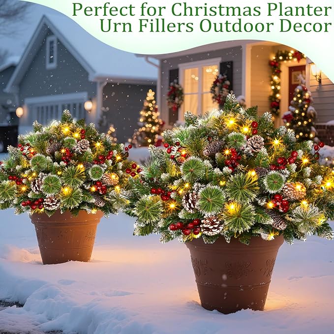 Timer - 2 Pack 24" Lighted Outdoor Christmas Tree Urn Fillers,Warm White&Colorful Lights 8 Mode Snowy Pinecone Red Berry Battery Operated Tripod Stake Holiday Planters Outdoor Christmas Decorations