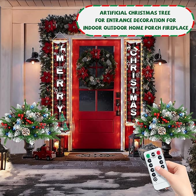 2 Pack Christmas Decorations Outdoor - 21" Pre-Lit Outdoor Christmas Tree with Lights, Prelit Planter Bushes with Remote, Christmas Planter Urn Filler for Front Porch Pathway Yard Garden Holiday Decor