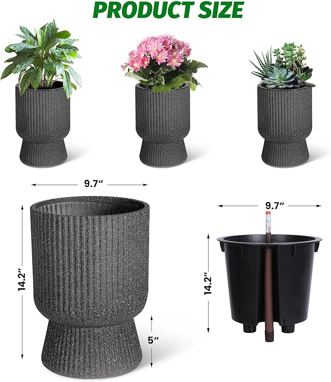 14.2" Tall Planters Set of 2, Large Indoor/Outdoor Self-Watering Plant Pots with Drainage, Water Level Monitor & Wheels, Flower Pots for Patio, Porch, Living Room, Home Office