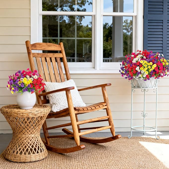 Artificial Flowers for Outdoors, 12 Bundles Fake Plastic Petunias Flower Plant, Faux UV Resistant Silk Morning Glory for Outside Planter Garden Front Porch Door Spring Summer Decor