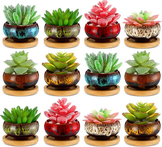 12 Pcs Succulent Pots 2.5 Inch Mini Ceramic Succulent Garden Flower Pots Planters with Drainage and Bamboo Tray for Indoor Garden Plants Planters Colorful Flower Pot(Round,1.2 Inch H)