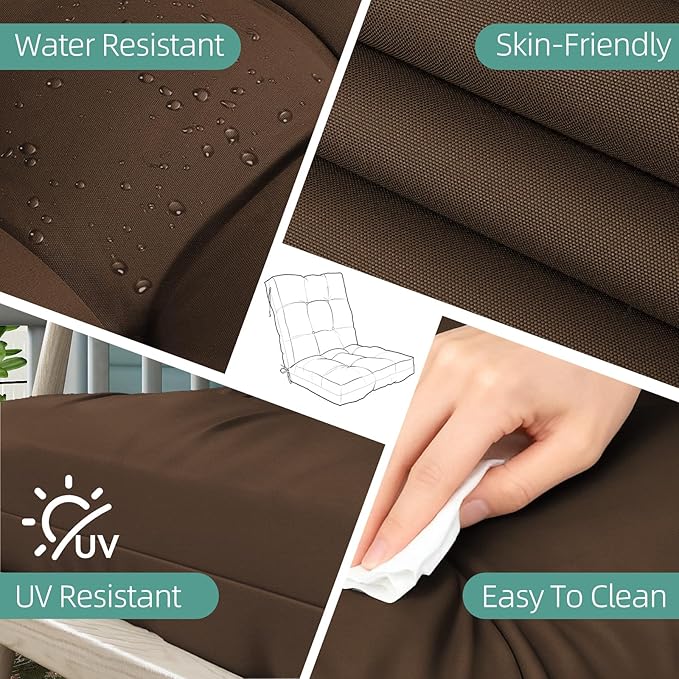 Outdoor Chair Cushions Set of 2, 42x21x4 Inch Patio Cushion for Dining/Rocking Chairs, High Back Soft Seat Pad with Ties, Indoor Outside Use, Fade-Resistant & Waterproof, Brown