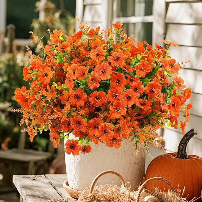 SHareconn 48 Bundles Artificial Flowers for Outdoors Decoration, Faux Plants Fake Silk Colorful Daisy Eucalyptus Lavender, UV Resistant for Outside Home Porch Patio Indoor Spring Decor, Orange