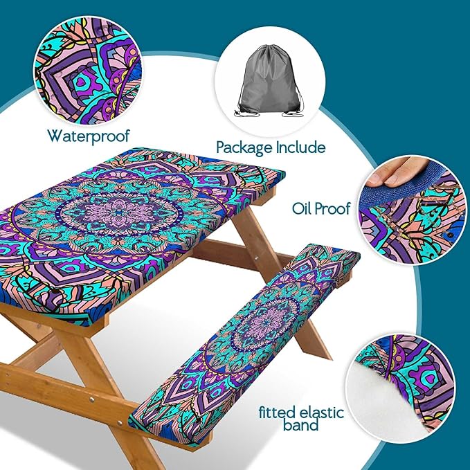 Picnic Table Cover with Bench Cover, Boho Table Covers with Elastic Waterproof Camping Tablecloth with Drawstring Bag, Outdoor Travel Rv Patio Camping Essentials, 60In 3PCS
