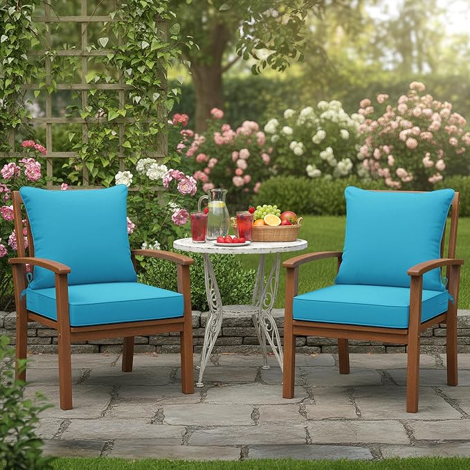 Outdoor Backrest and Deep Seat Cushion Set, Waterproof Fade Resistant Patio Chair Furniture Cushion with Removable Cover, 22 x 22 Inch, Teal, Set of 2