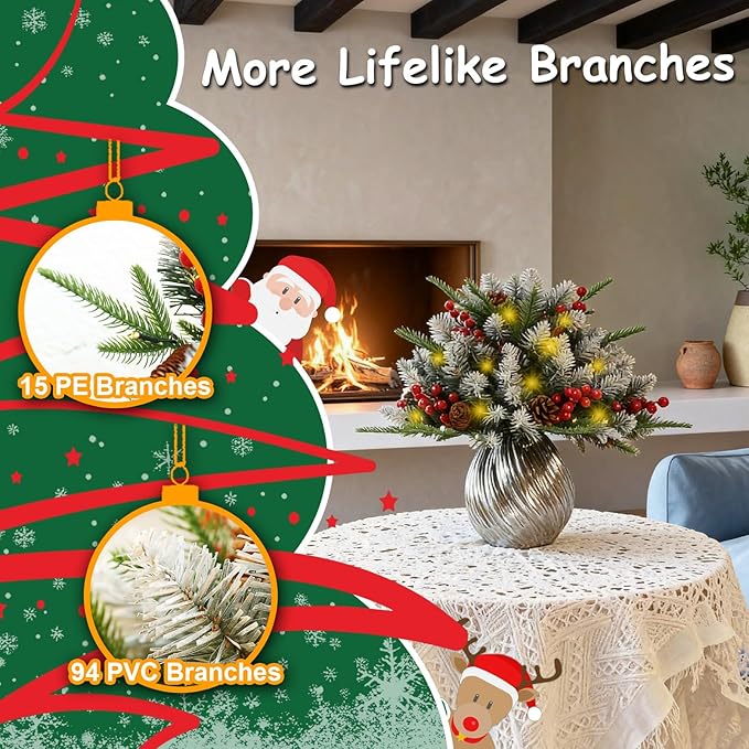 JOYHALO 2 Pack Set 22Inch Christmas Urn Filler with 40 Warm White Lights, Christmas Pot Fillers with White PVC&PE Branches, Outdoor Christmas Trees for Porch Pathway Entryway Yard Decorations
