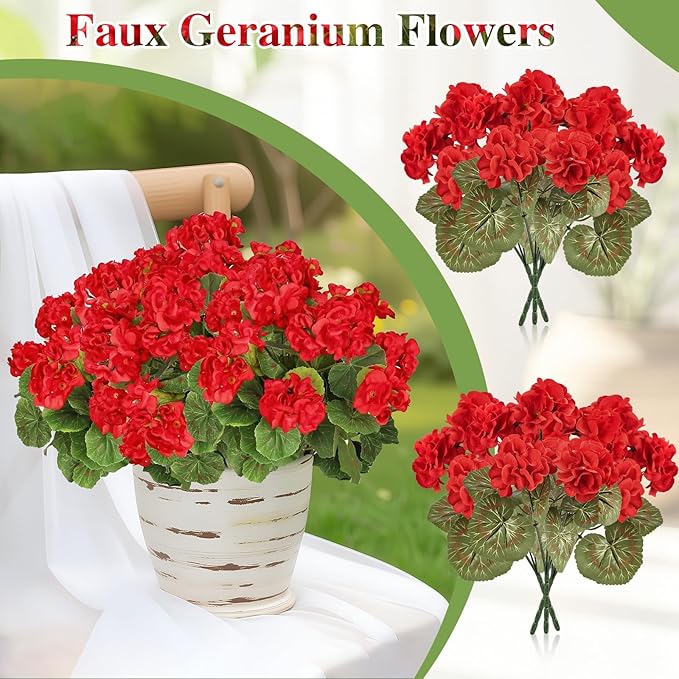 6 Pcs Artificial Geranium Flowers for Outdoors Silk Red Flower Outdoor UV Resistant Garden Plants Faux Flowers for Outdoor Planters, Front Door Garden Porch Planter Patio Balcony Yard Indoor Home