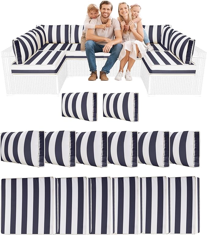 14 Piece Outdoor Sectional Cushions, Water-Resistant Outdoor Sofa Cushions Replacement, 4" High Density Foam Patio Furniture Cushions Fits 6-seat Rattan Conversation Set (Navy Blue White Stripes)