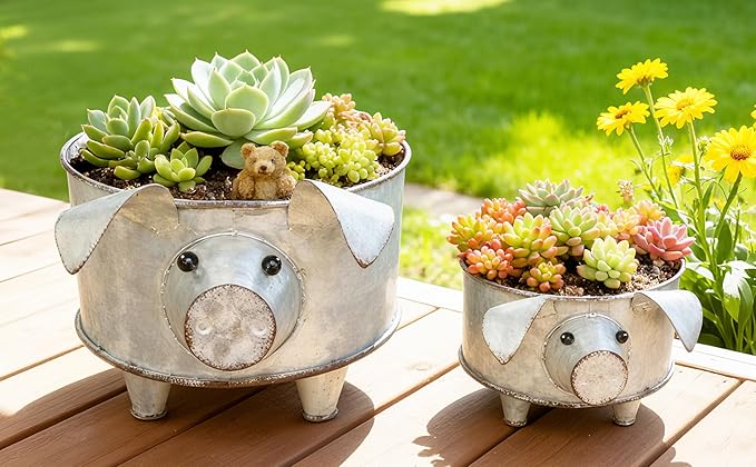 Galvanized Metal Pig Succulent Planter Farmhouse Pig Shaped Bowl Metal Pig Tray Rustic Decor Set of 2