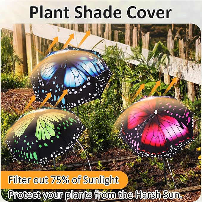 4 Pack Plant Umbrellas for Outdoor Plants, Upgraded Joints-enhanced Wind Resistance, Adjustable Height, Large Garden Umbrella Shade for Potted Plants Bed Flower Pot(Butterfly)