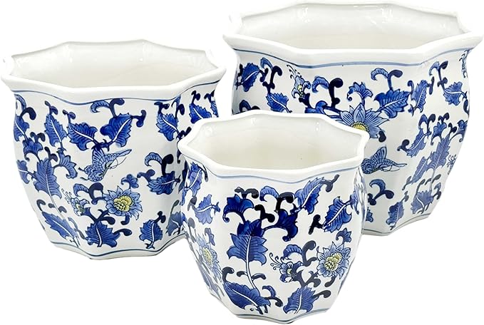 Galt International Blue & White w/Yellow Accent Round Fluted Floral Porcelain Ceramic Plant Flower Planter Pot Set of 3 (7.5", 10", 13") Garden Pots Chinese Asian Design