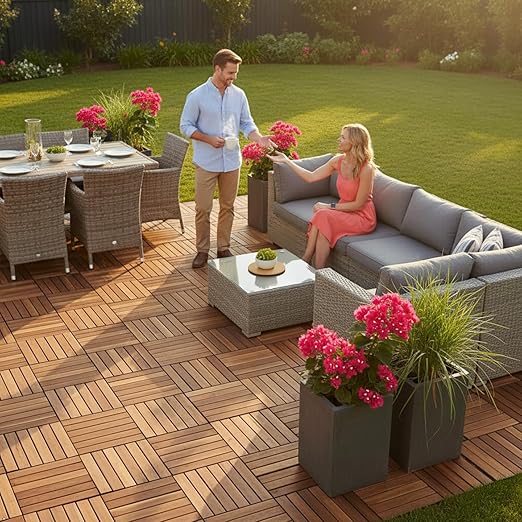 Acacia Wood Patio Deck Tiles - 27 Pcs 12 Slats Interlocking Decking Tiles for Patio Decor, Waterproof Indoor & Outdoor Use, Garden Decking Tile (12.2 x 12.2 x 0.7) - Natural