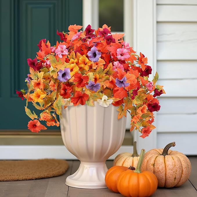 4PCS Artificial Fall Flowers Plants for Outdoor Decoration,Fall Silk Faux Flowers Petunias Planter for Garden Porch Yard Thanksgiving Day Harvest Festival Autumn Indoor Decor
