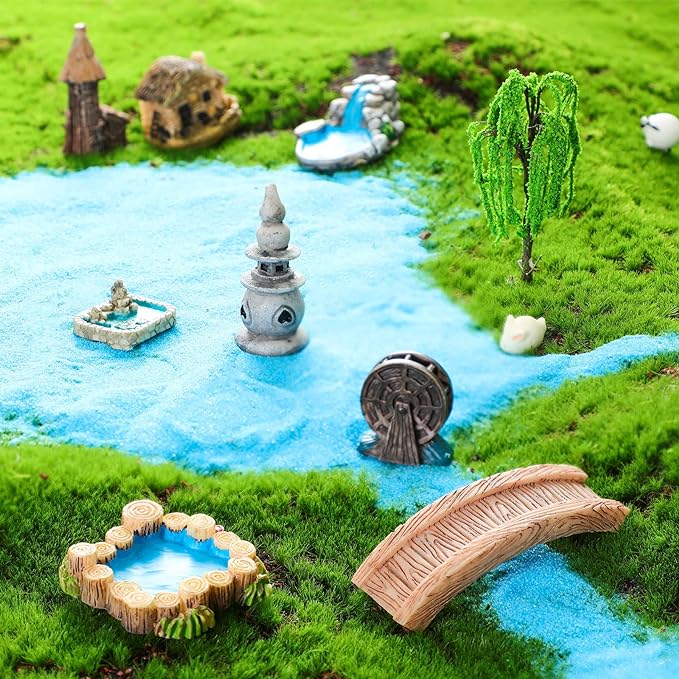 Jetec 12 Pcs Mini Fairy Garden Accessories Miniature Tiny Stone Bridge Mini Pond Lighthouse Water Well Waterwheel Figurines Resin Ornaments for DIY Craft, Lawn Pond Decor