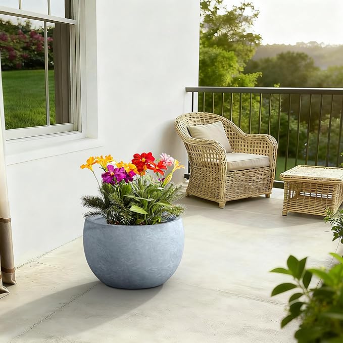 Kante 19.9" Dia Round Concrete Planter, Outdoor/Indoor Large Bowl Plant Pots with Drainage Hole and Rubber Plug for Garden Patio Balcony Home, Gray