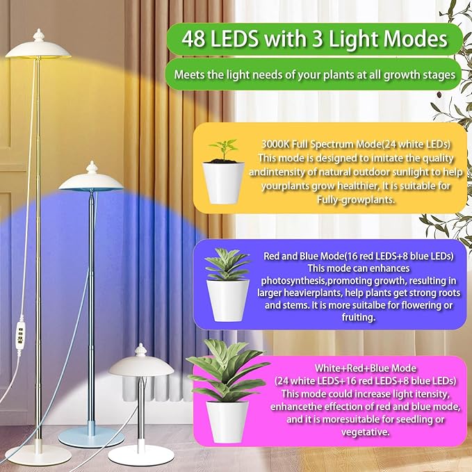 LED Floor Grow Lights for Indoor Plants, Corner Stand Full Spectrum Plant Growing Lamp, 10 Dimmable Levels Auto 3/6/9/12H Timer Grow Light, Height Adjustable for Large Tall Plants (Have Base)