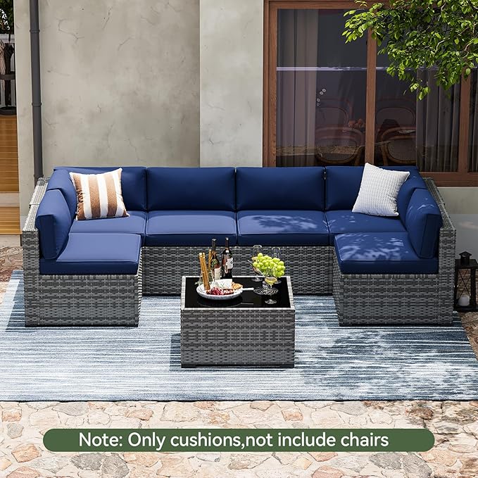 Aoxun Replacement Cushions for Outdoor Furniture, 14-Piece Outdoor Cushions for Patio Furniture, Deep Seat, Splash-Proof & Fade Resistant Couch Cushion for 6-Seat Patio Conversation Sets, Navy Blue