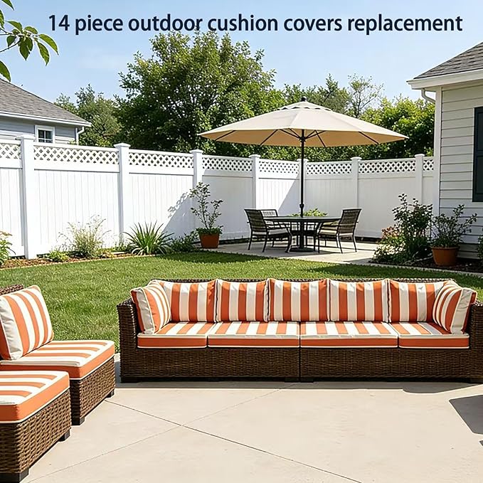 Outdoor Cushion Covers for Patio Furniture, Patio Cushion Covers Replacement with Zipper, Waterproof & Fade Resistant,Only Cover (Orange and White Stripes, 25.6Lx25.6Wx4H - Only Covers)