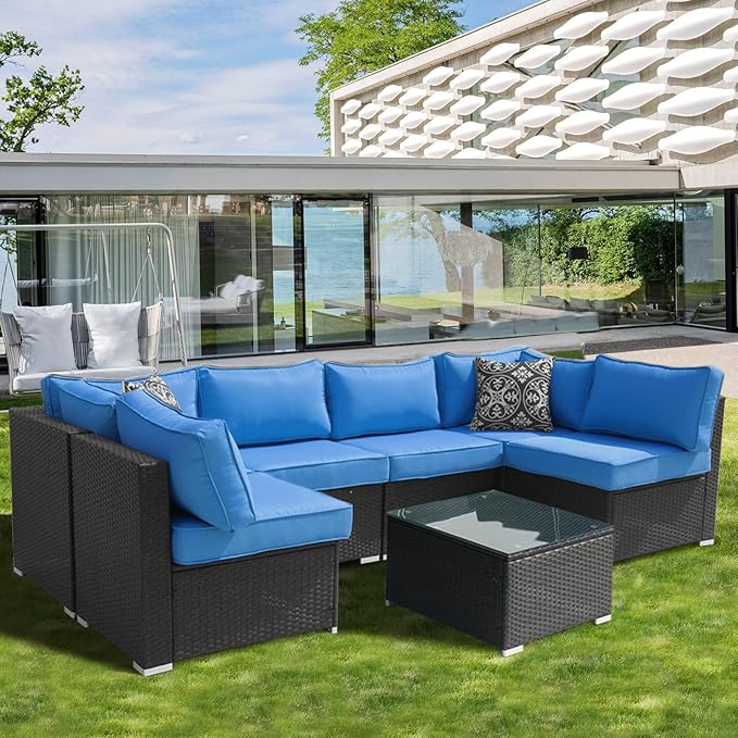 Patio Furniture Cushions,14Pieces Water-Resistant Outdoor Replacement Cushions,Sectional Sofa Cushions for Fits 6-Seats Rattan Wicker Patio Conversation Sets(Blue)