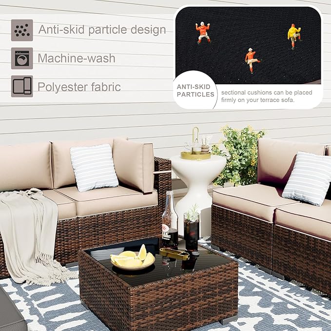 Patio Sectional Cushions, 14-Piece Replacement Cushions for Outdoor Furniture, Water-Resistant Outdoor Sofa Cushion for 6-Seat Rattan Wicker Sectional Conversation Sets (Khaki111)